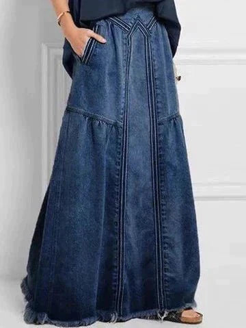 Stilla | Lang Denim Nederdel Med Elastisk Talje
