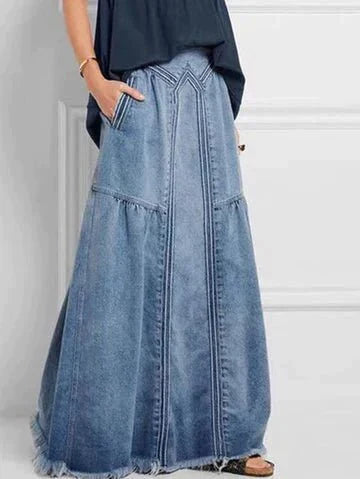Stilla | Lang Denim Nederdel Med Elastisk Talje