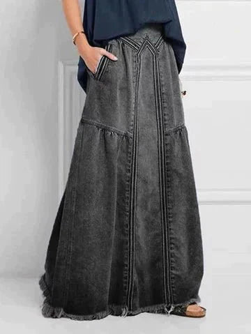 Stilla | Lang Denim Nederdel Med Elastisk Talje