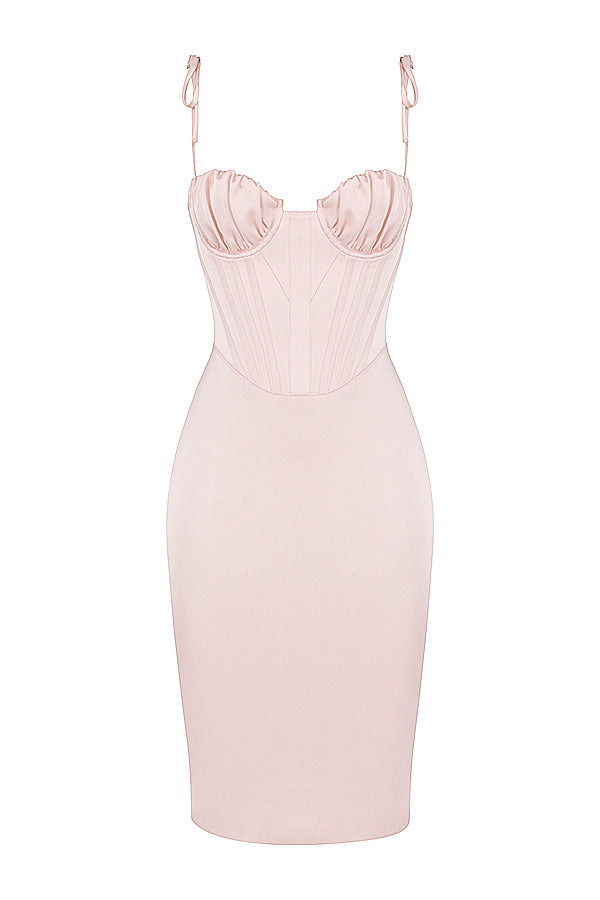 Stilla | Blush Pink Satin Korset Midikjole