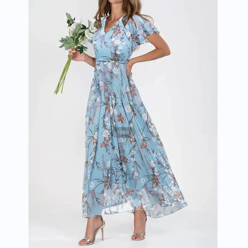 Stilla | Blomster Maxi Kjole Med Korte Ærmer.