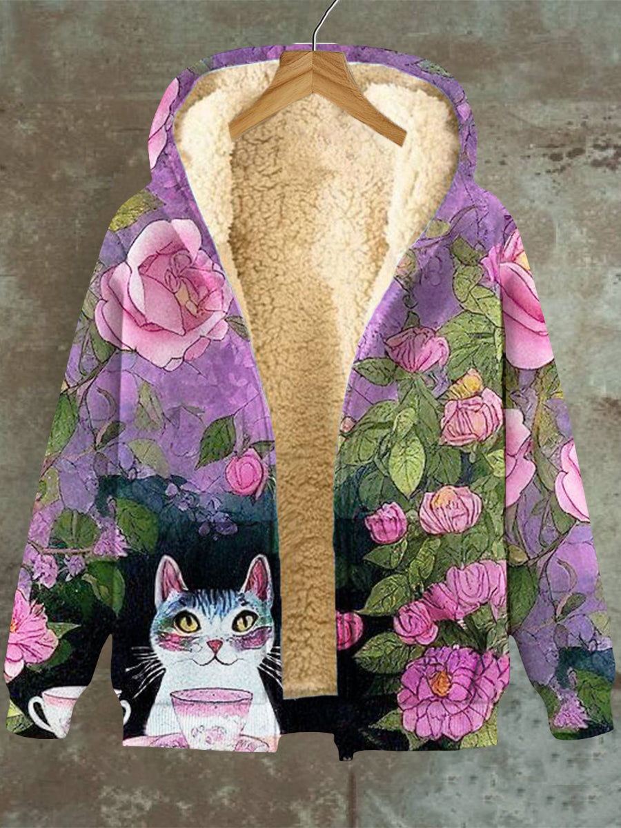Stilla | Blomster Kat med hætte Taske Lynlås Fleece Sweatshirt Jakke Dame