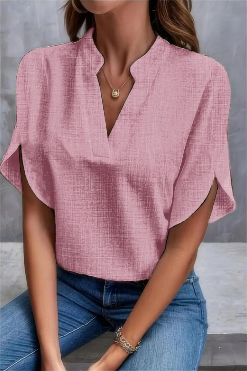 Stilla | Sommer Bluse Til Damer V-Hals, Uden Stropper, Løs Pasform, Linned Look, Elegant Kort Stil