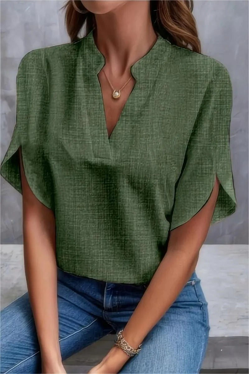 Stilla | Sommer Bluse Til Damer V-Hals, Uden Stropper, Løs Pasform, Linned Look, Elegant Kort Stil