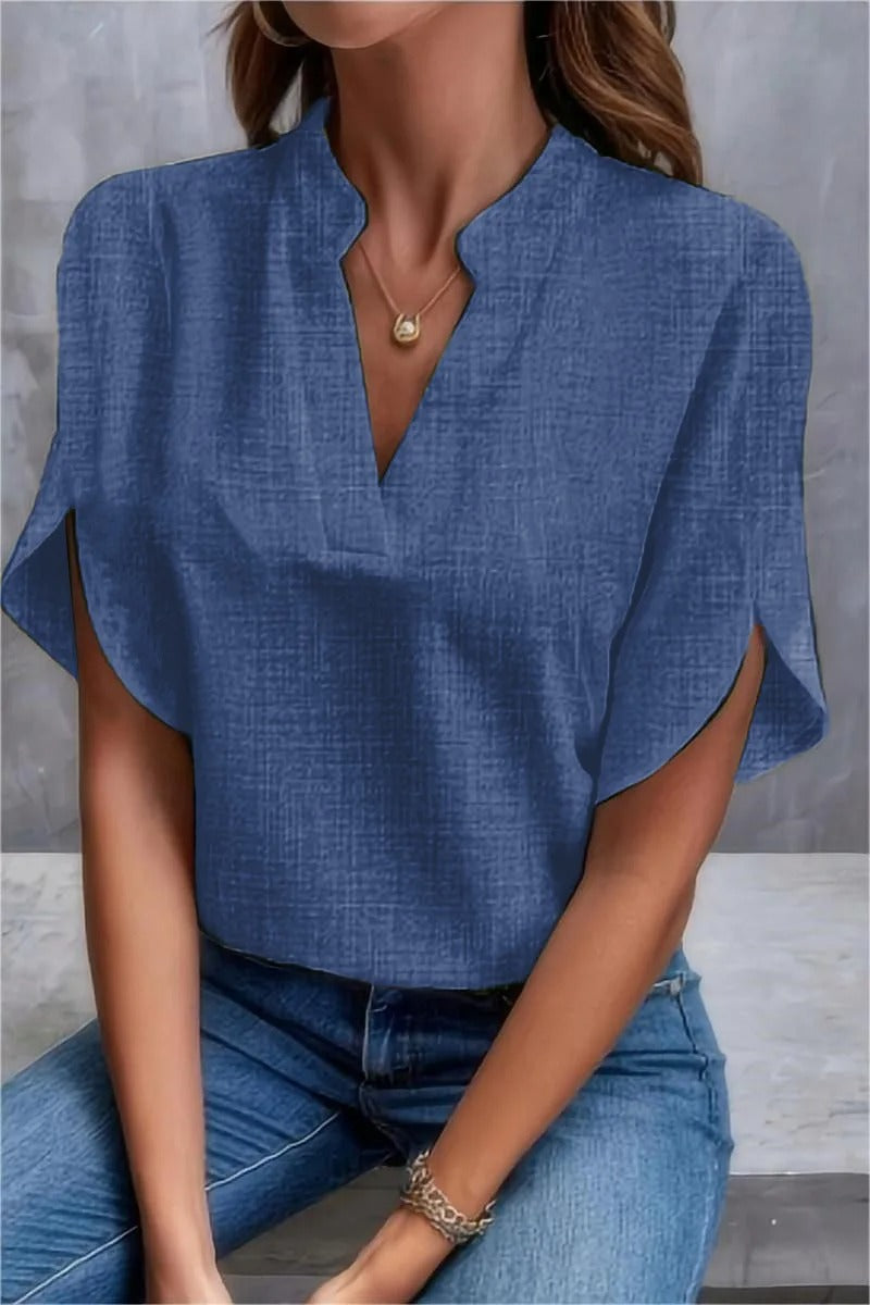 Stilla | Sommer Bluse Til Damer V-Hals, Uden Stropper, Løs Pasform, Linned Look, Elegant Kort Stil