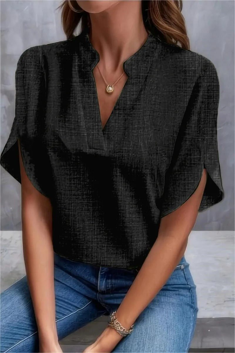 Stilla | Sommer Bluse Til Damer V-Hals, Uden Stropper, Løs Pasform, Linned Look, Elegant Kort Stil