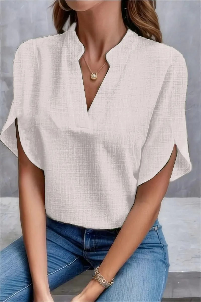 Stilla | Sommer Bluse Til Damer V-Hals, Uden Stropper, Løs Pasform, Linned Look, Elegant Kort Stil
