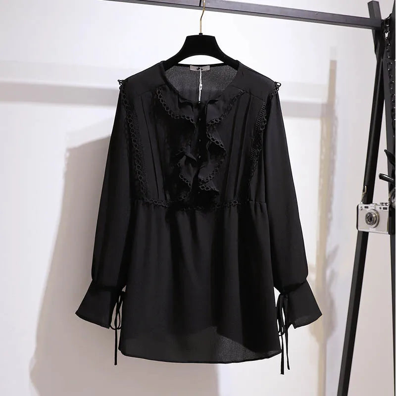 Stilla | Kvinders 5 9xl Bluse Mode Designer Chiffon Langærmede Toppe (plus Størrelse)