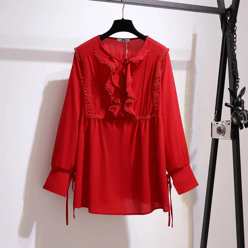 Stilla | Kvinders 5 9xl Bluse Mode Designer Chiffon Langærmede Toppe (plus Størrelse)