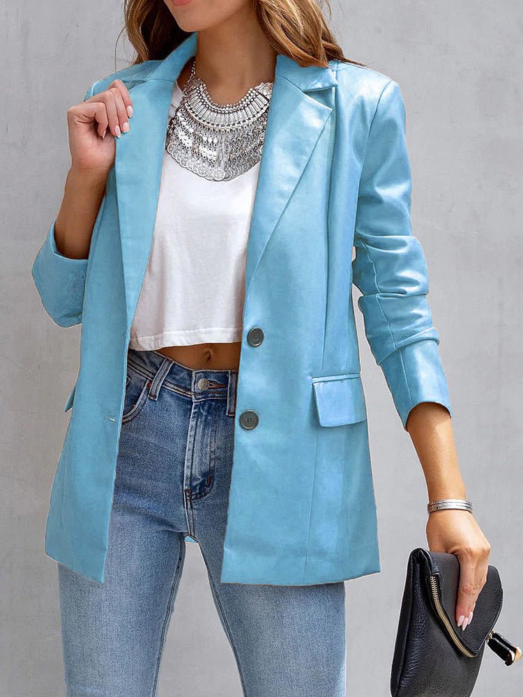 Stilla | Dame Blazere Solid Notched Lapel Flip Pocket Pu Læder Blazer