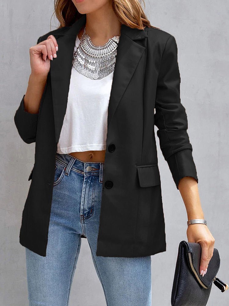 Stilla | Dame Blazere Solid Notched Lapel Flip Pocket Pu Læder Blazer