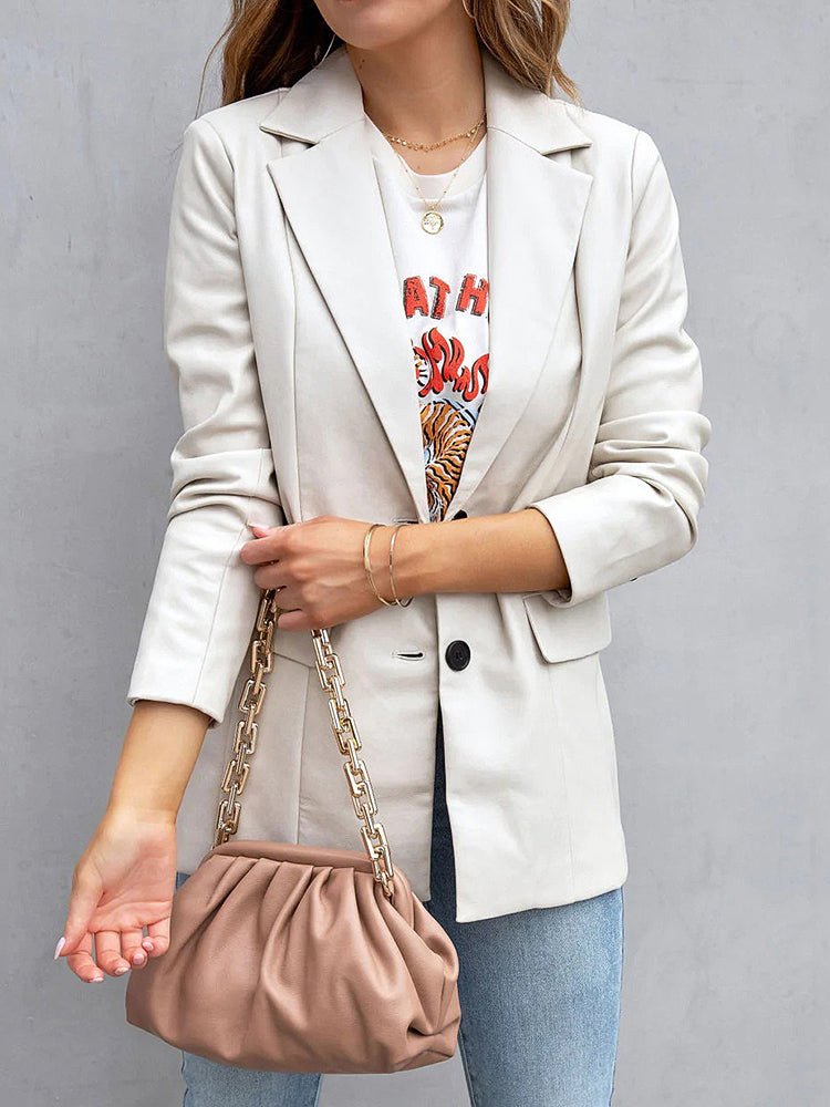 Stilla | Dame Blazere Solid Notched Lapel Flip Pocket Pu Læder Blazer