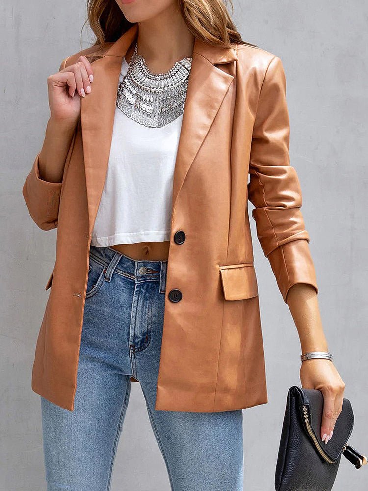 Stilla | Dame Blazere Solid Notched Lapel Flip Pocket Pu Læder Blazer