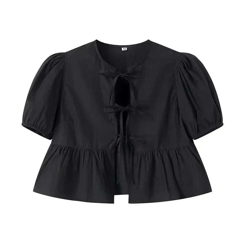 Stilla | Kvinders Bluse Sløjfe Binde Bag Mode Designer Puffede Ærmer T-Shirts