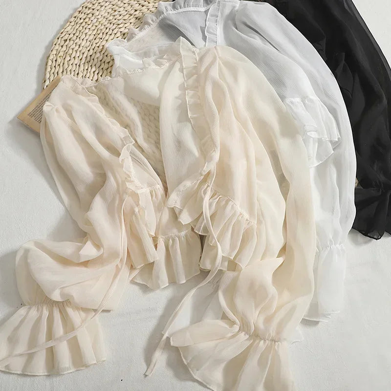 Stilla | Kvinders Bluse Mode Designer Kontor Chiffon Ruffle Lange Ærme Toppe