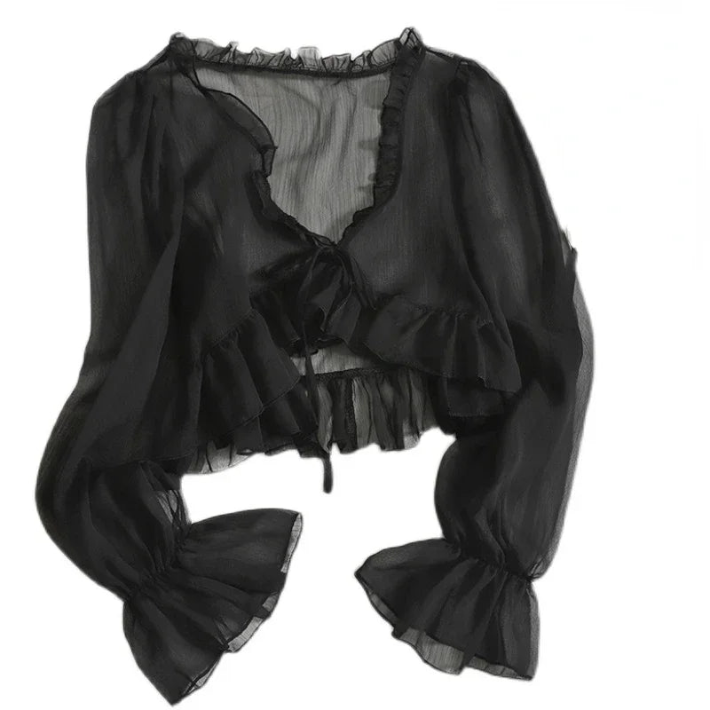 Stilla | Kvinders Bluse Mode Designer Kontor Chiffon Ruffle Lange Ærme Toppe