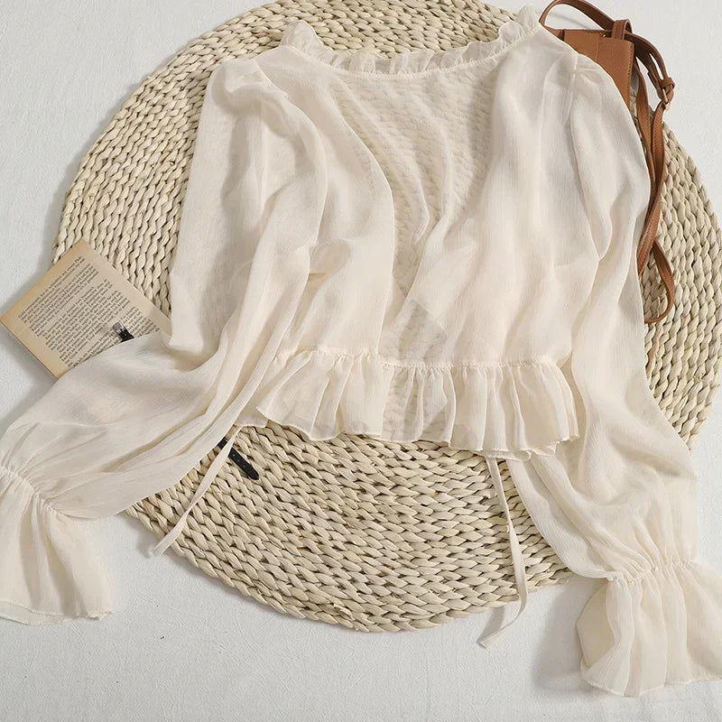 Stilla | Kvinders Bluse Mode Designer Kontor Chiffon Ruffle Lange Ærme Toppe