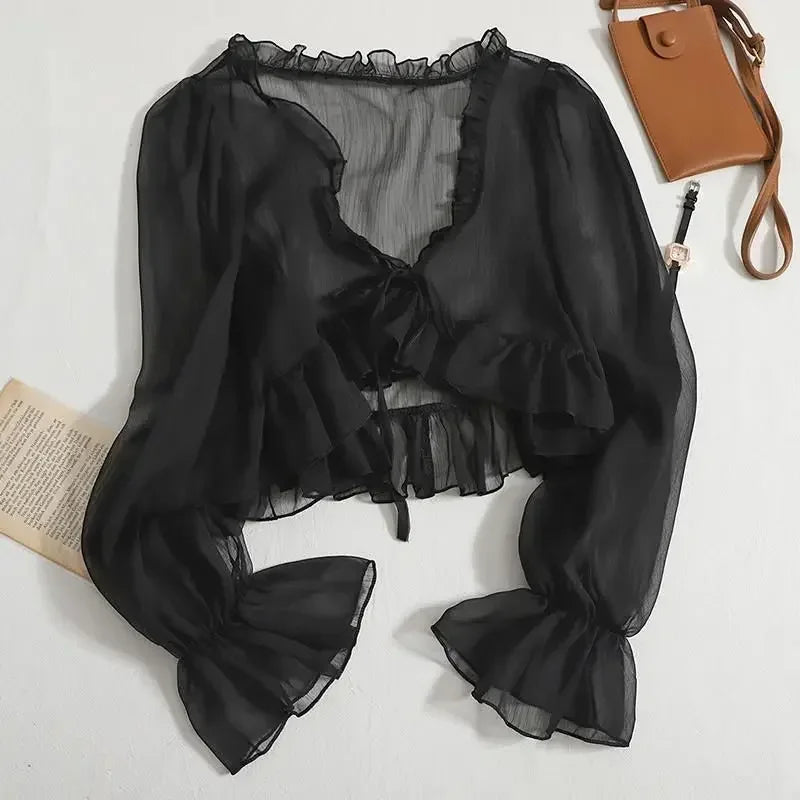 Stilla | Kvinders Bluse Mode Designer Kontor Chiffon Ruffle Lange Ærme Toppe