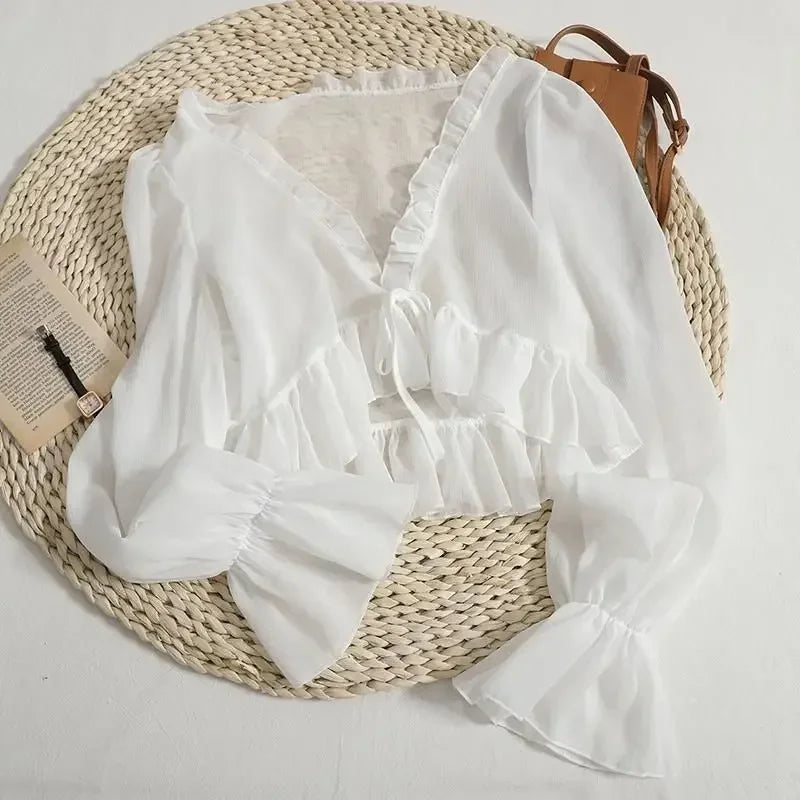 Stilla | Kvinders Bluse Mode Designer Kontor Chiffon Ruffle Lange Ærme Toppe