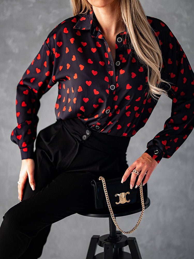 Stilla | Kvinders Bluser Krave Drop Skulder Hjerte Print Bluse