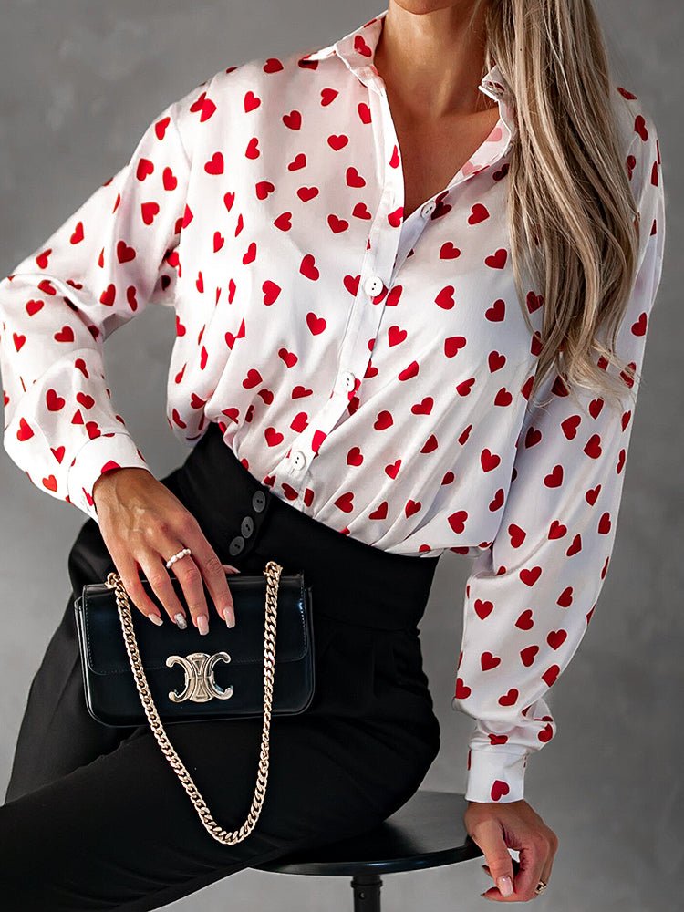 Stilla | Kvinders Bluser Krave Drop Skulder Hjerte Print Bluse