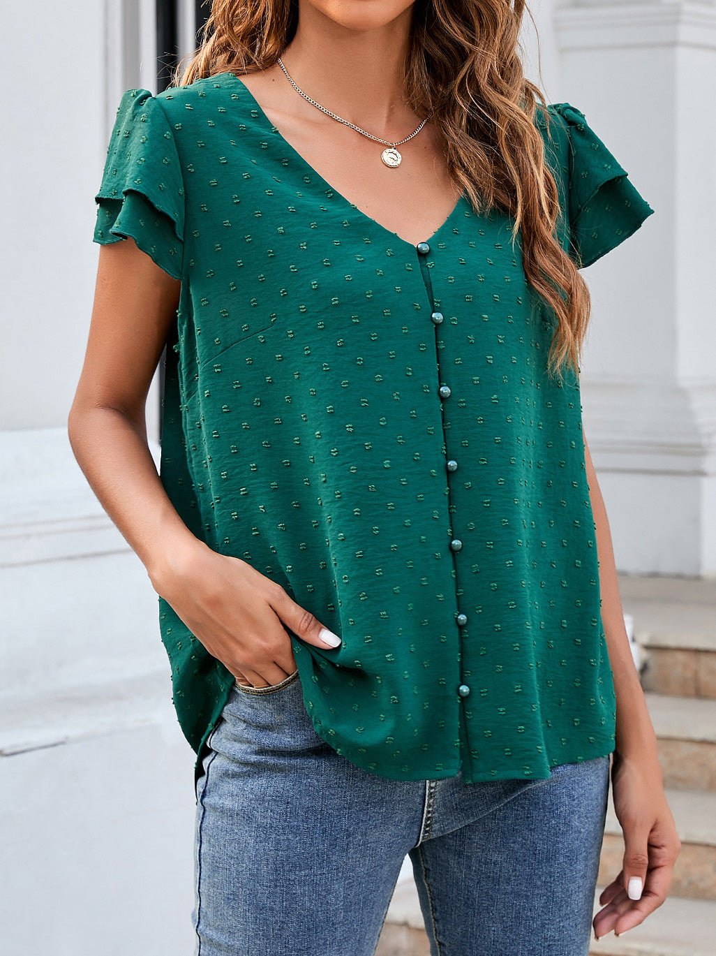 Stilla | Kvinders Bluser Jacquard V-hals Knapper Rynke Kort Ærme Chiffon Bluse