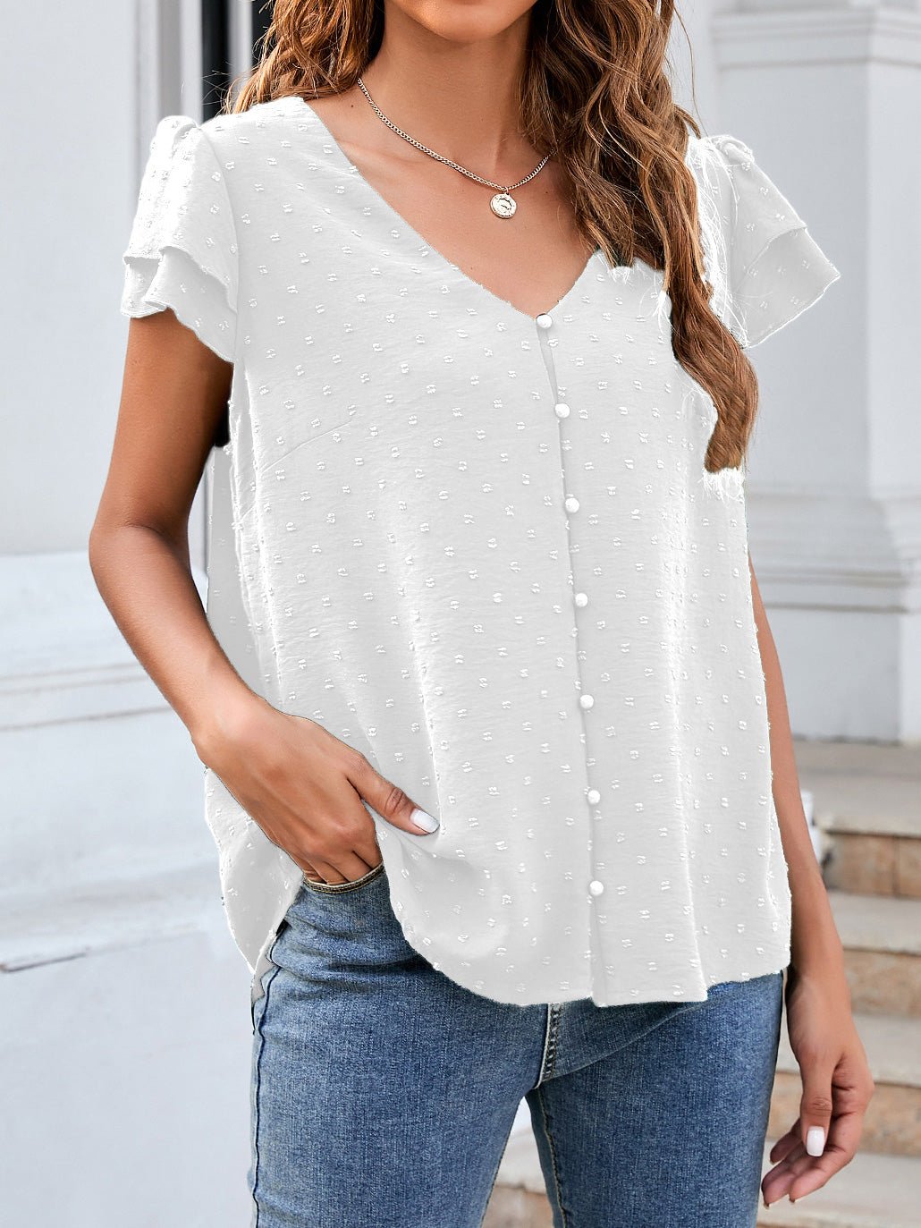 Stilla | Kvinders Bluser Jacquard V-hals Knapper Rynke Kort Ærme Chiffon Bluse
