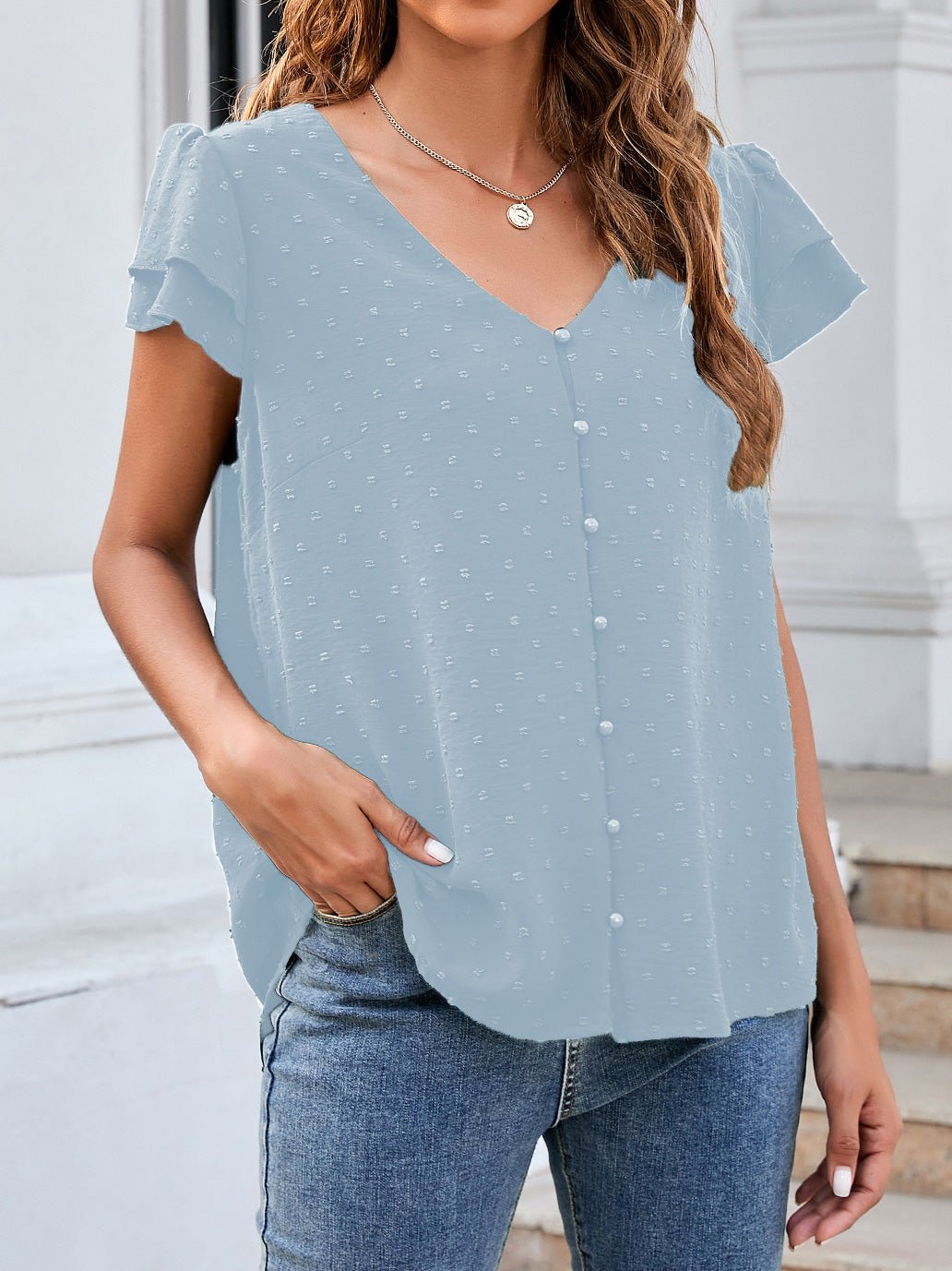 Stilla | Kvinders Bluser Jacquard V-hals Knapper Rynke Kort Ærme Chiffon Bluse