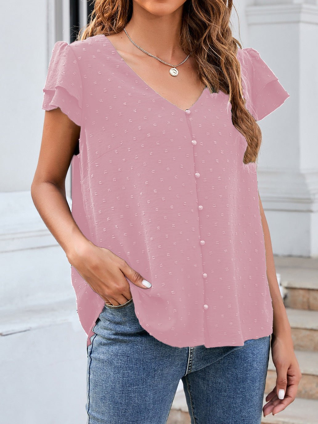 Stilla | Kvinders Bluser Jacquard V-hals Knapper Rynke Kort Ærme Chiffon Bluse