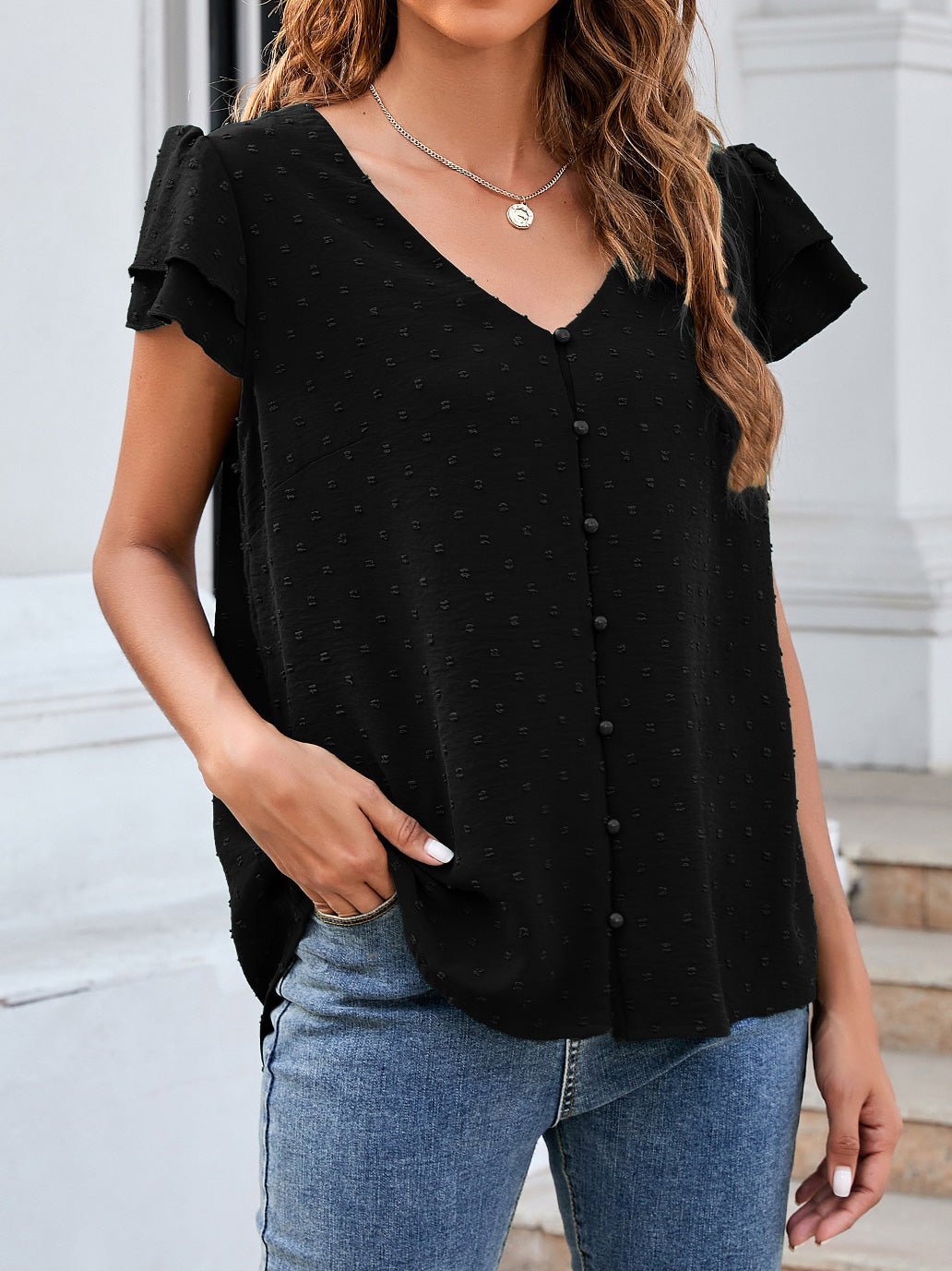 Stilla | Kvinders Bluser Jacquard V-hals Knapper Rynke Kort Ærme Chiffon Bluse