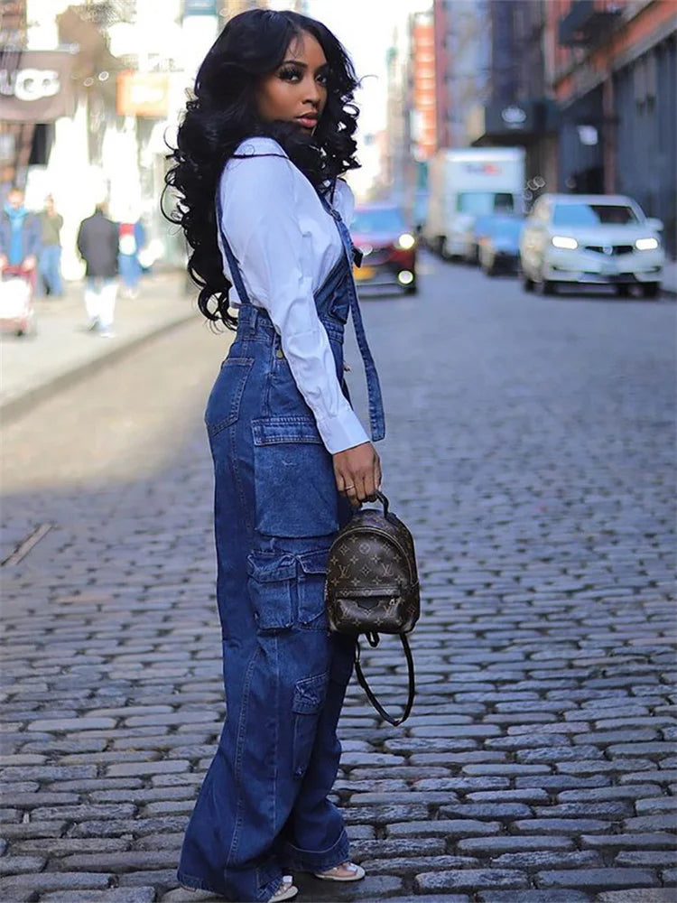 Stilla | Kvinders Cargo Denim Mode Designer Jumpsuits