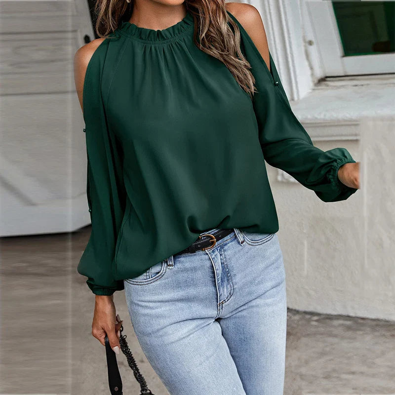 Stilla | Kvinders Chiffon Bluse Mode Designer Cold Shoulder Lange Ærmer Toppe