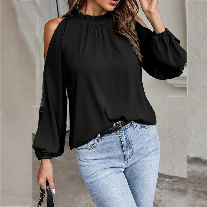 Stilla | Kvinders Chiffon Bluse Mode Designer Cold Shoulder Lange Ærmer Toppe