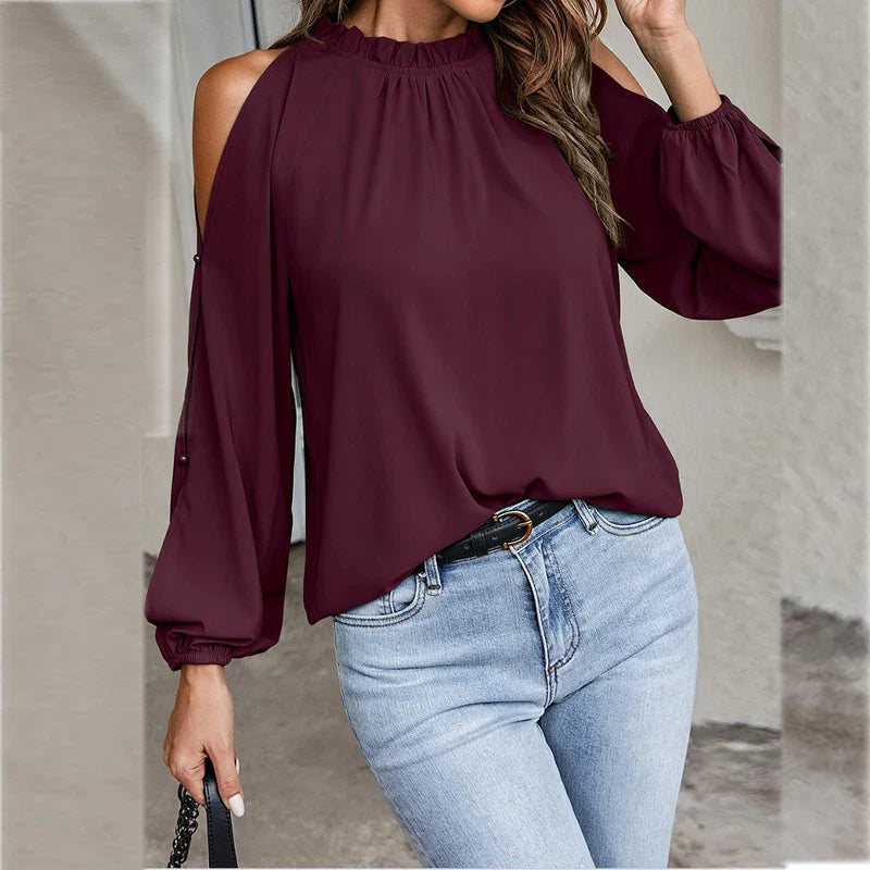 Stilla | Kvinders Chiffon Bluse Mode Designer Cold Shoulder Lange Ærmer Toppe