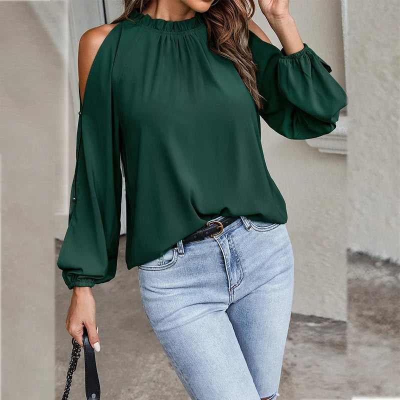 Stilla | Kvinders Chiffon Bluse Mode Designer Cold Shoulder Lange Ærmer Toppe