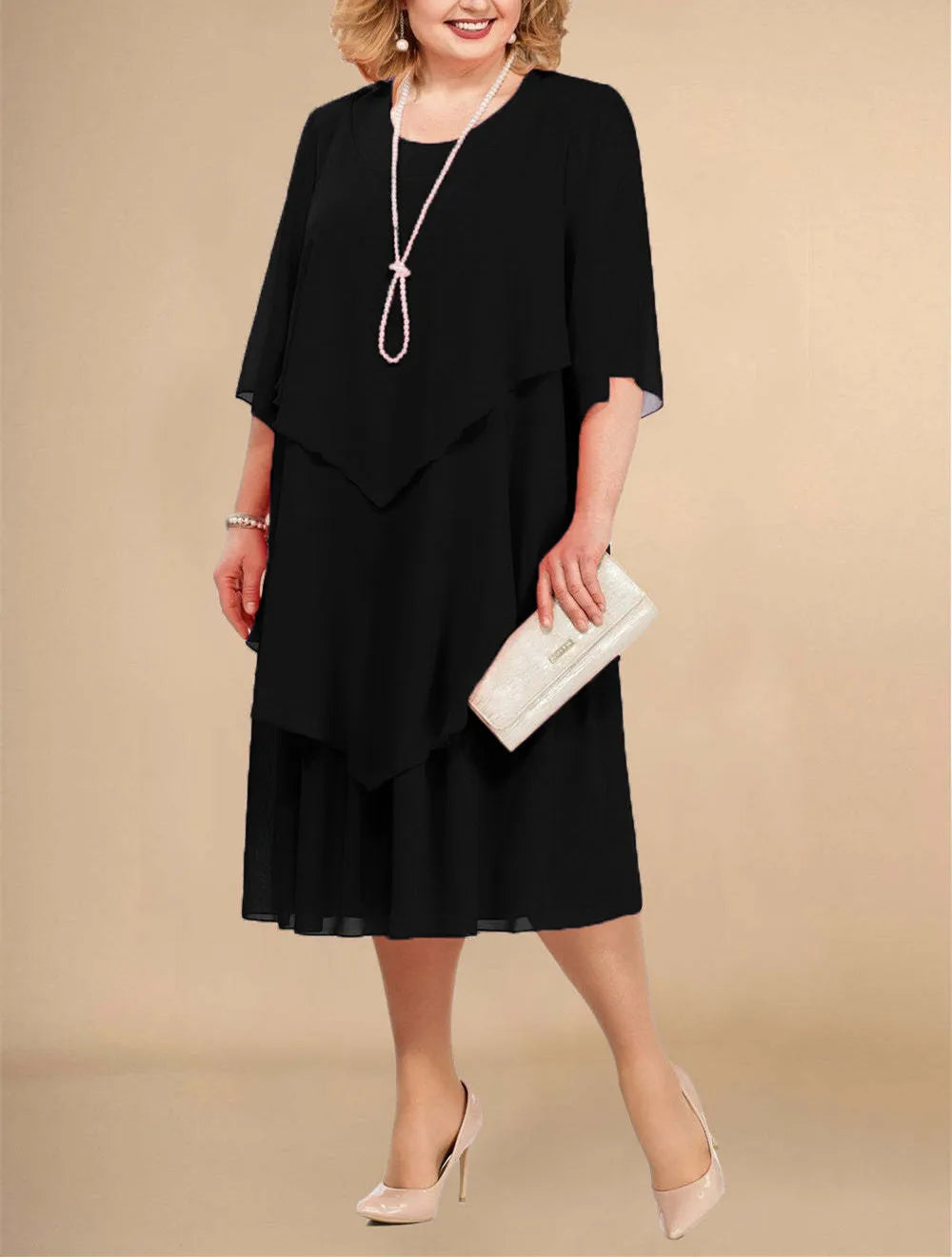 Stilla | Kvindernes Chiffon Lagdelte 3 5xl Mode Designer Midi Kjoler (plus Størrelse)