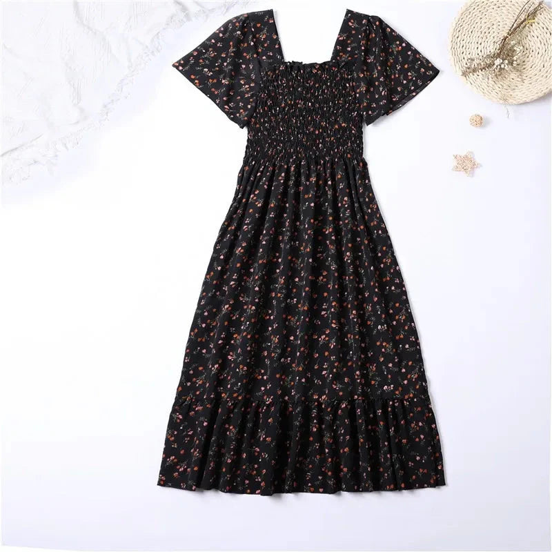 Stilla | Kvindernes Chiffon Rynket Blomster Mode Designer Kjoler (midi)