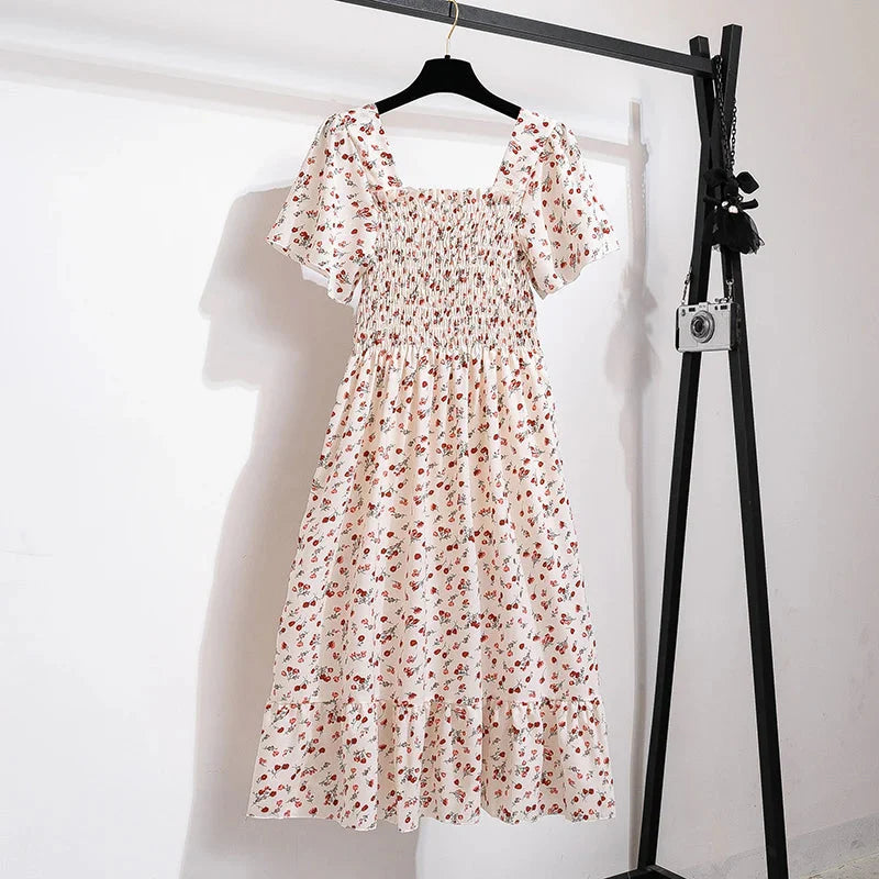 Stilla | Kvindernes Chiffon Rynket Blomster Mode Designer Kjoler (midi)