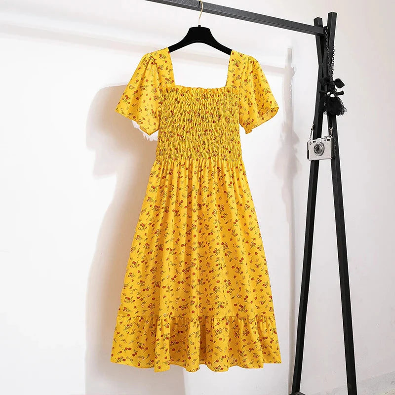 Stilla | Kvindernes Chiffon Rynket Blomster Mode Designer Kjoler (midi)