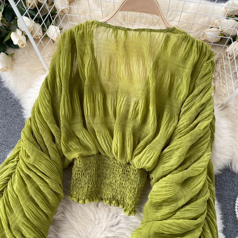 Stilla | Kvinders Chiffon Flæse Mode Designer Blusas Super Lange Ærmer Toppe