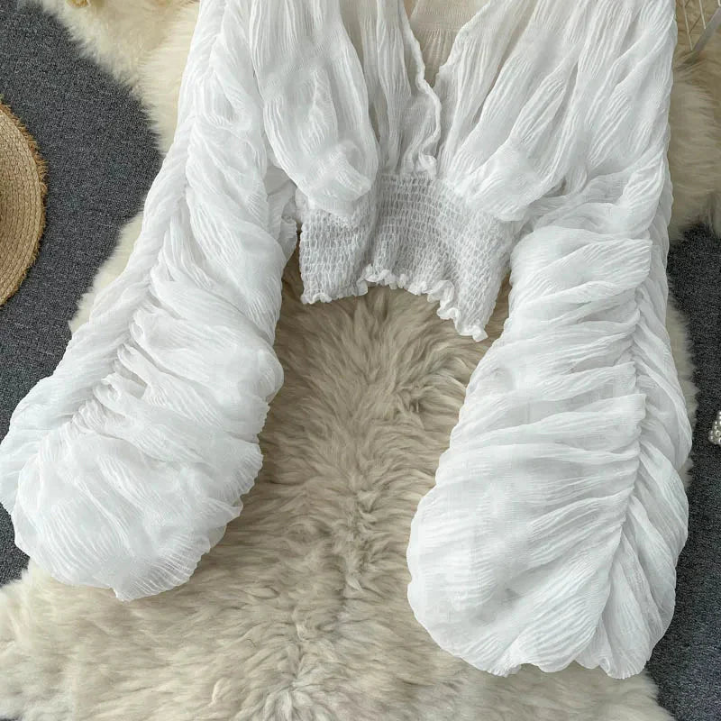Stilla | Kvinders Chiffon Flæse Mode Designer Blusas Super Lange Ærmer Toppe