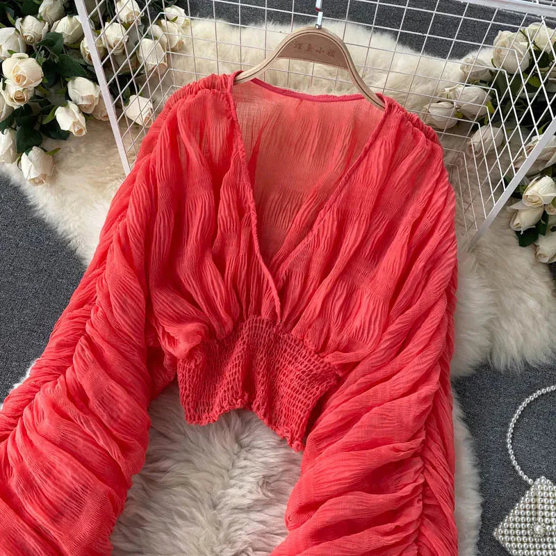 Stilla | Kvinders Chiffon Flæse Mode Designer Blusas Super Lange Ærmer Toppe