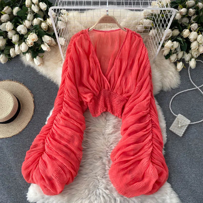 Stilla | Kvinders Chiffon Flæse Mode Designer Blusas Super Lange Ærmer Toppe