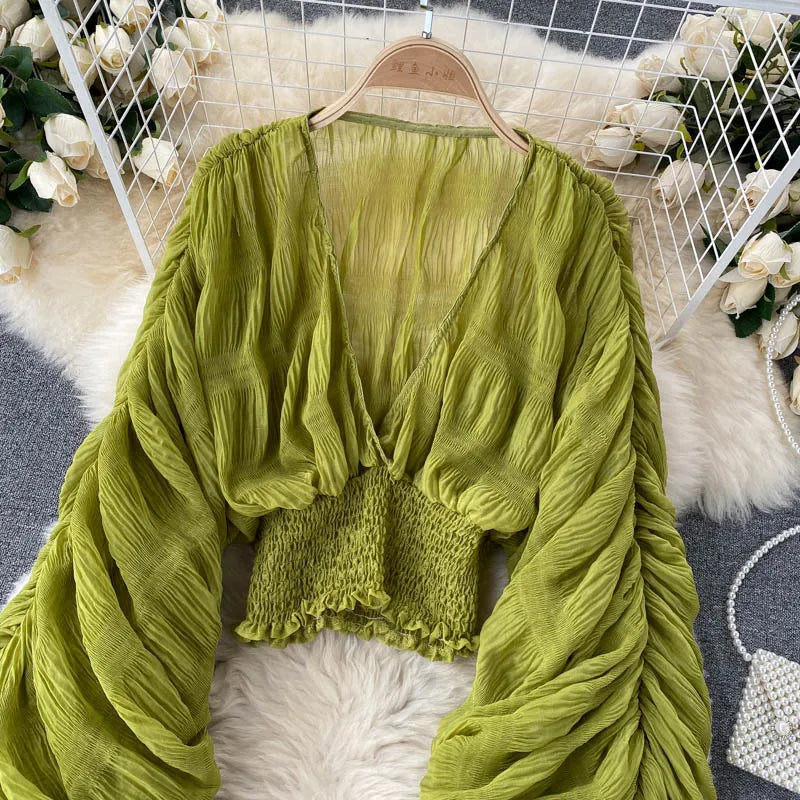 Stilla | Kvinders Chiffon Flæse Mode Designer Blusas Super Lange Ærmer Toppe