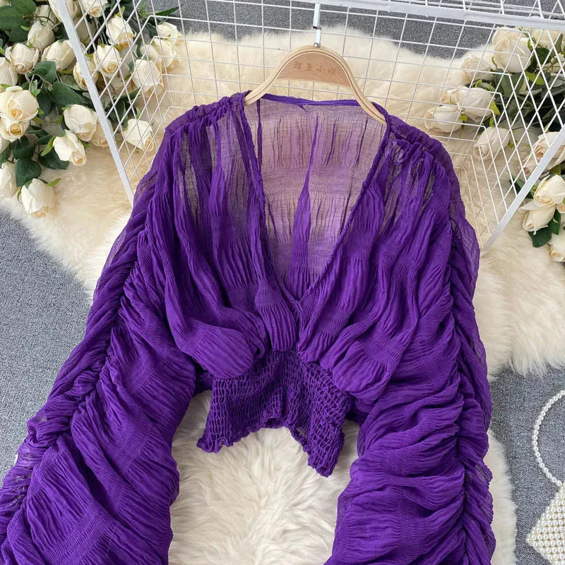 Stilla | Kvinders Chiffon Flæse Mode Designer Blusas Super Lange Ærmer Toppe