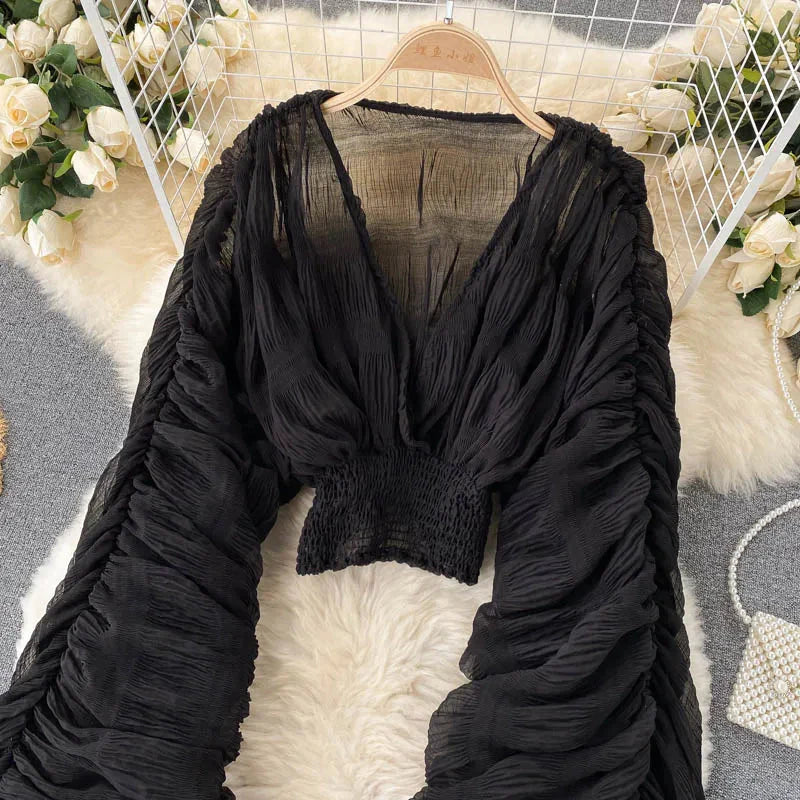 Stilla | Kvinders Chiffon Flæse Mode Designer Blusas Super Lange Ærmer Toppe