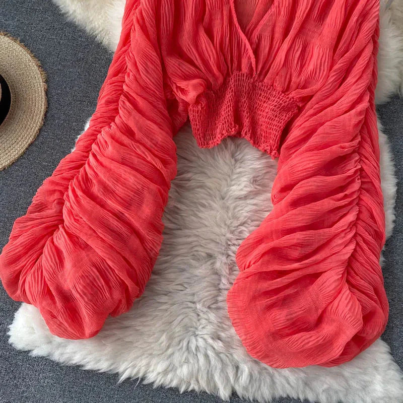 Stilla | Kvinders Chiffon Flæse Mode Designer Blusas Super Lange Ærmer Toppe