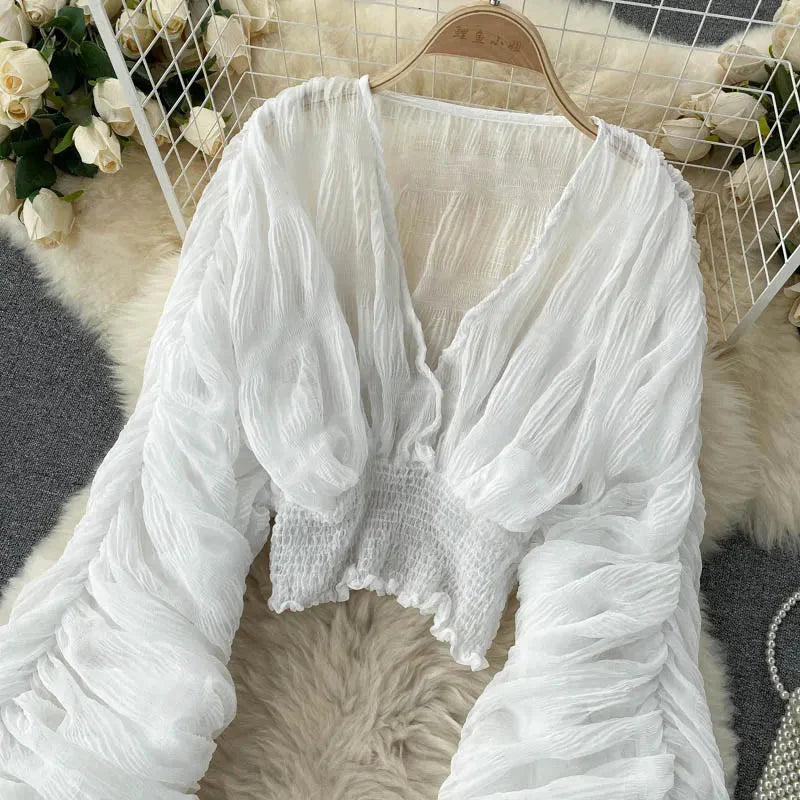 Stilla | Kvinders Chiffon Flæse Mode Designer Blusas Super Lange Ærmer Toppe
