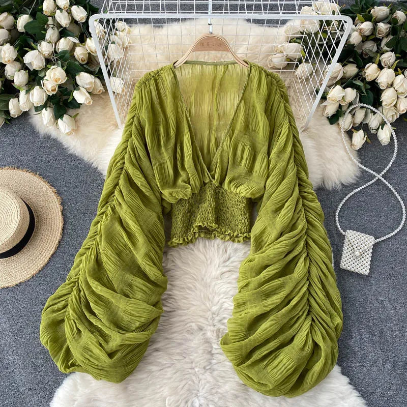 Stilla | Kvinders Chiffon Flæse Mode Designer Blusas Super Lange Ærmer Toppe