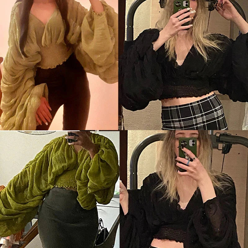 Stilla | Kvinders Chiffon Flæse Mode Designer Blusas Super Lange Ærmer Toppe